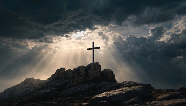 Silhouette of holy christian cross on rocky hill against dramatic storm clouds with sun rays