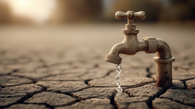 Water scarcity concept with faucet on cracked ground symbolizing drought and environmental challenges