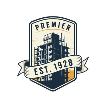 Premier Construction Established 1928 Shield Logo with Buildings Under Construction and Crane, Urban Development Design on Isolated White Background.