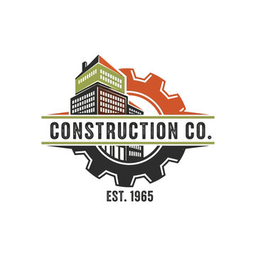 Retro Construction Company Logo with Building, Gear, Architecture, Engineering, Established 1965 on an isolated white background
