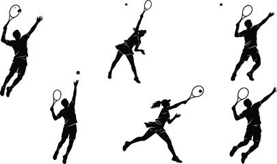 Dynamic silhouettes of male and female tennis players in action poses with rackets and balls on white background © Sohel