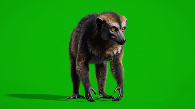 A brown monkey standing on all fours against a solid green background with a subtle shadow underneath.