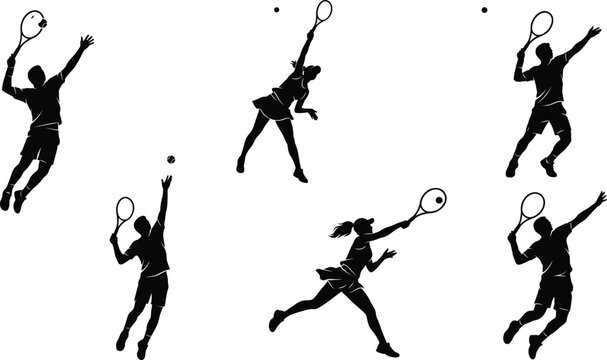 Dynamic silhouettes of male and female tennis players in action poses with rackets and balls on white background