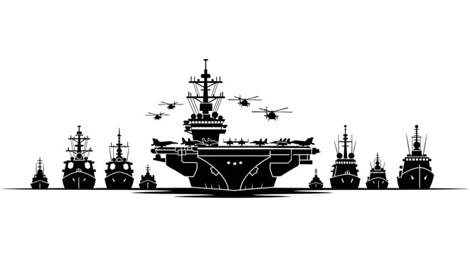 Large aircraft carrier with smaller ships and helicopters in a naval fleet formation at sea