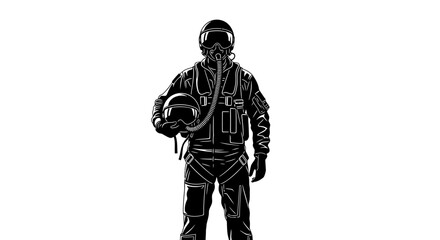 Obraz premium Black and white illustration of a pilot in flight suit holding helmet with oxygen mask and tube