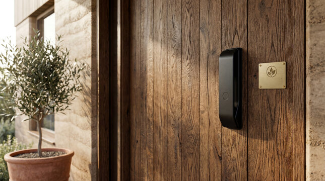 Professional architectural shot of a modern solid oak front door with smart electronic