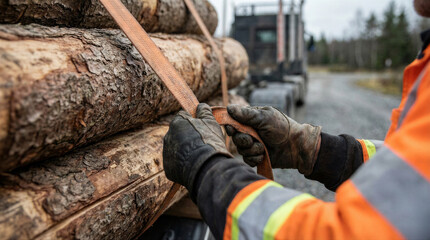 Fototapeta premium Logging truck driver securing timber logs with a heavy duty ratchet strap on a trailer in the forest