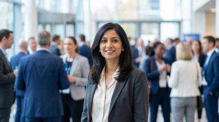 Fototapeta premium Portrait of a confident professional woman standing in a busy office lobby during a corporate business conference