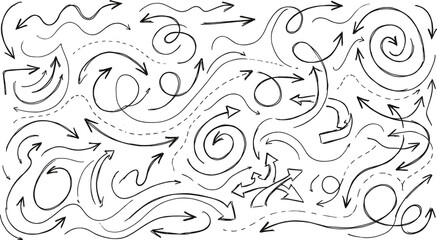 Fototapeta premium Hand drawn doodle arrows collection with curved swirl loop and directional sketch arrow vector illustration set