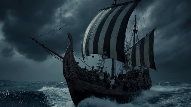 Viking Ship Battling Stormy Seas with Lightning &ndash; Epic Cinematic 4K