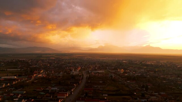 Prejmer Brasov Romania, Tartlau Prejmer Fortified Church, beautiful sunset in storm clouds