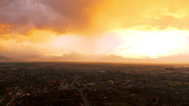 Prejmer Brasov Romania, Tartlau Prejmer Fortified Church, beautiful sunset in storm clouds