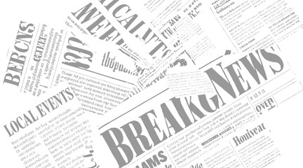 Obraz premium Overlapping grey newspaper headlines and text fragments on white background breaking