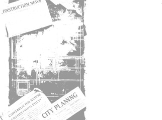 Obraz premium Overlapping newspapers with construction plans and city planning headlines in grayscale
