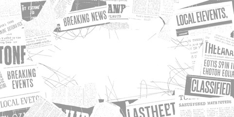 Fototapeta premium Overlapping grey newspaper headlines and text fragments with abstract lines breaking