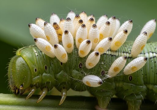 Green Caterpillar Covered in White Parasitic Wasp Eggs Macro Photography