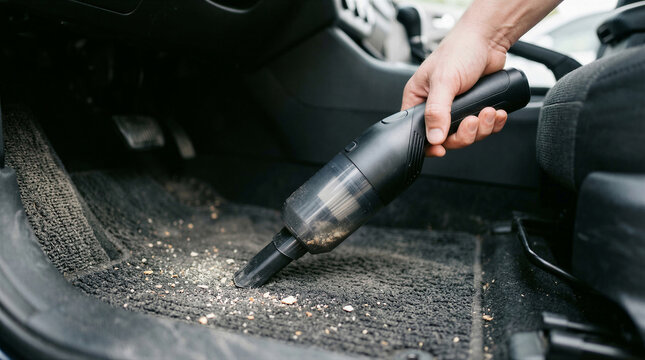 Person using a portable handheld vacuum cleaner to clean dirt and debris from the car floor mat interior