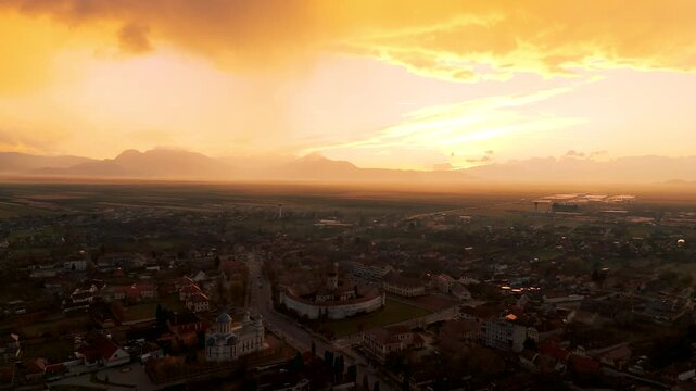 Prejmer Brasov Romania, Tartlau Prejmer Fortified Church, beautiful sunset in storm clouds