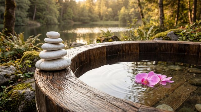Serene outdoor wooden hot tub with stacked stones and pink flower in forest near lake at sunset