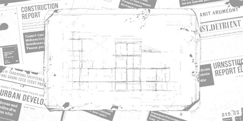Newspaper clipping with construction report and urban development headlines and architectural blueprint