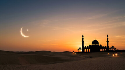 Obraz premium Ramadan Desert Evening with Mosque Silhouette, Crescent Moon and Warm Sunset Sky Landscape
