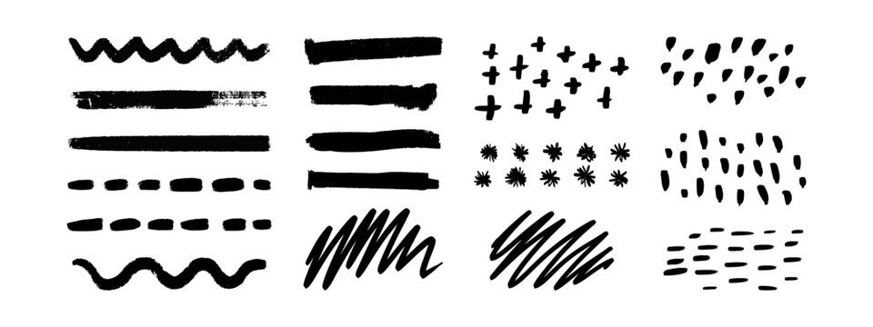 Set of various hand drawn brushstrokes, dots and charcoal doodle lines. Vector collection of grunge rough elements and textures