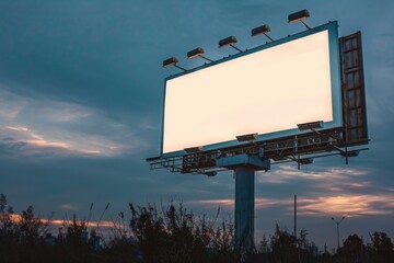 Fototapeta premium Empty blank white backlit billboard mockup against evening sky, low angle view. AI generative