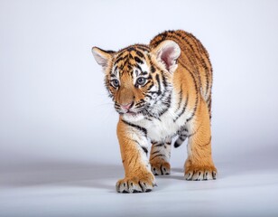 Obraz premium Playful Baby Tiger Cub Looking Curious on White Background