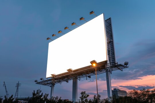Empty blank white backlit billboard mockup against evening sky, low angle view. AI generative