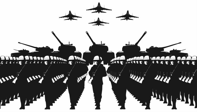 Silhouette illustration of army parade with soldiers marching and tanks and fighter jets flying overhead in formation