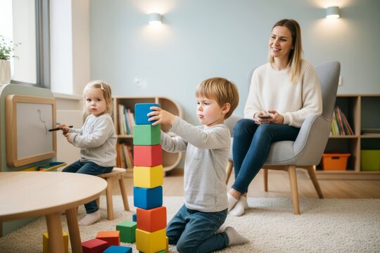 Bright clean children's play area indoor, boy building block tower at low table, sister drawing on magnetic board, mother nearby on phone. AI generative