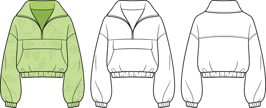 Women cropped hoodie jacket template, half zip sweatshirt fashion mockup front and back apparel &ndash; cad drawing flat vector illustration