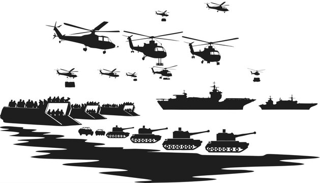 Military amphibious landing operation with helicopters tanks and warships in a joint assault on a beach