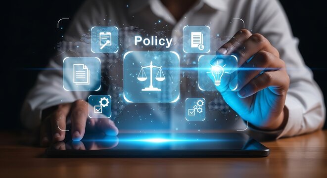 Professional crafting digital policy frameworks on a tablet interface
