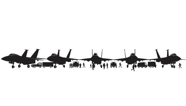 Military airbase silhouette with fighter jets and personnel black vector illustration on white background for defense and aviation concepts