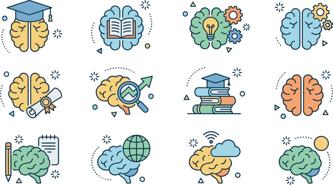 Education and Learning Brain Icons Set with Knowledge, Study, Growth and Academic Symbols