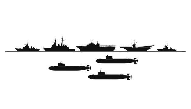 Silhouette of submarine wolfpack and escort fleet warships on calm sea surface