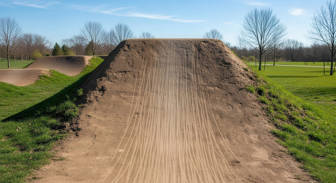 Dirt jump ramp for BMX biking in a park, surrounded by grass and trees under a clear blue sky, designed for outdoor recreational activities
