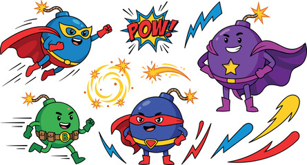 Superhero Bomb Cartoon Characters Set with Comic Action Poses, Explosions and Power Effects © Sariful