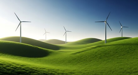 Fototapeta premium Wind turbines on rolling green hills with clear blue sky