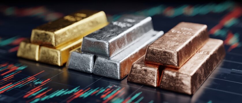 Gold, silver, and copper ingots stacked on stock market chart representing investments and commodities trading