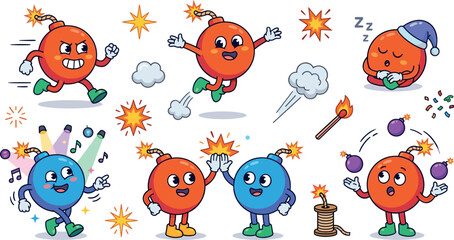 Cute Cartoon Bomb Characters Collection with Funny Explosions, Sparks and Comic Action Scenes © Sariful