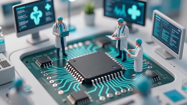 Miniature scientists analyzing DNA data on a digital tablet, representing biotechnology, genomics research, and advanced medical innovation.