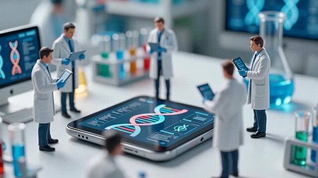 Miniature scientists analyzing DNA data on a digital tablet, representing biotechnology, genomics research, and advanced medical innovation.