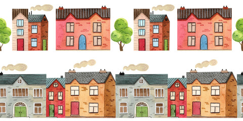 Obraz premium Set of seamless borders featuring cozy, colorful watercolor houses and trees. Hand drawn illustrations of buildings.