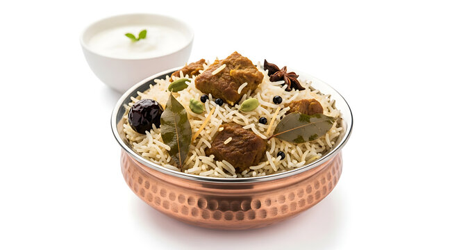 Authentic Mutton Pulao Indian Spiced Meat Pilaf with Basmati Rice and Whole Spices Served in Traditional Copper Handi with Yogurt Side