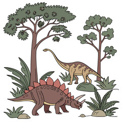 Two dinosaurs, a stegosaurus and a longnecked dinosaur, walking in a prehistoric forest with trees and plants © eee