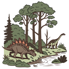A steampunk illustration of a stegosaurus and a longnecked dinosaur in a forest with trees and a stream © eee