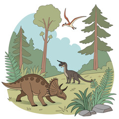 A colorful illustration of a triceratops and a longnecked dinosaur in a prehistoric forest with trees and plants © eee