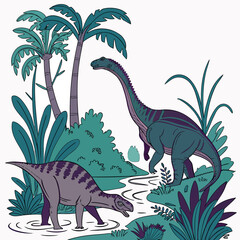 Two dinosaurs standing in a tropical environment with palm trees and plants © eee